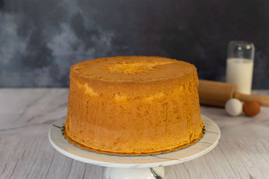 chiffon cake on a cake stand